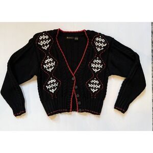Vintage Womens Liz Sport Hand Knit Argyle V Neck Cardigan Small Chunky Cable‎